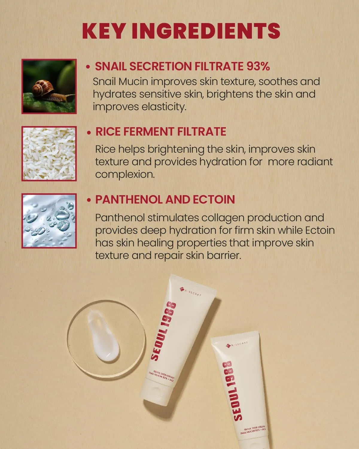 K-SECRET - SEOUL 1988 Cream : Snail Mucin 93% + Rice - 100ml - Tūfiti