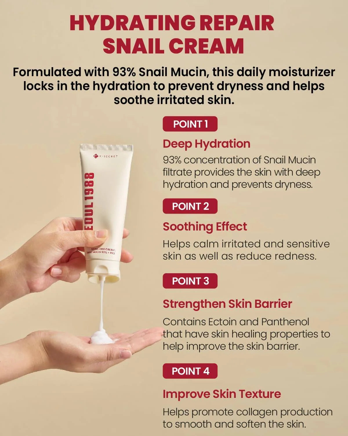 K-SECRET - SEOUL 1988 Cream : Snail Mucin 93% + Rice - 100ml - Tūfiti