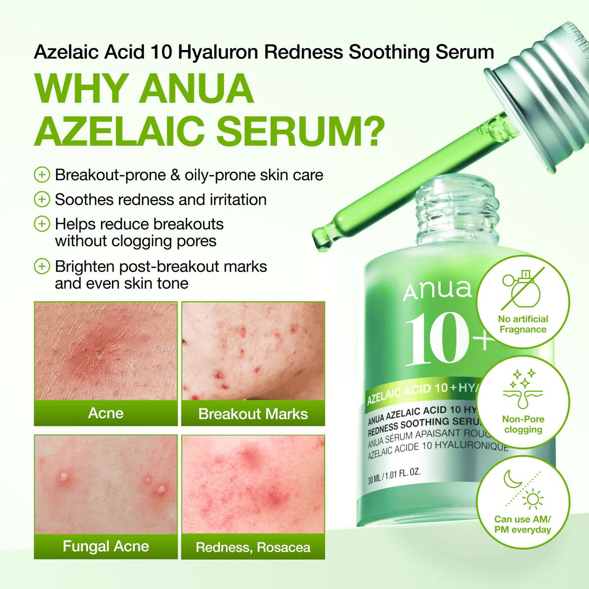 Anua – Azelaic Acid 10 Hyaluron Redness Soothing Serum, 30ml - Tūfiti
